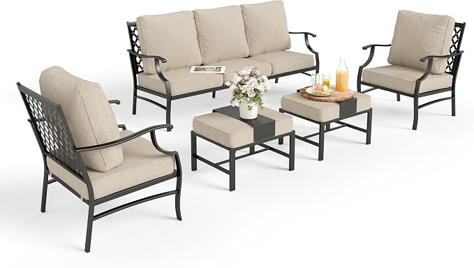 MIXPATIO Patio Furniture Set 5 pcs, Outdoor Patio Furniture, 3-Seat Sofa, 2 Single Chairs, 2 Ottomans and 5.75" Extra Thick Cushion, Patio Conversation Set for Garden Backyard Deck,Beige