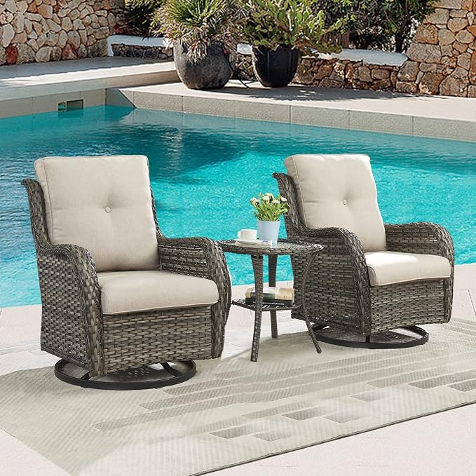 Outdoor Patio Swivel Rocker Chairs - 3 Piece Patio Bistro Set,Wicker Patio Furniture Set with 2 Swivel Rocking Chairs and 1 Glass Top Side Table for Deck Porch Garden,Mixed Grey/Beige