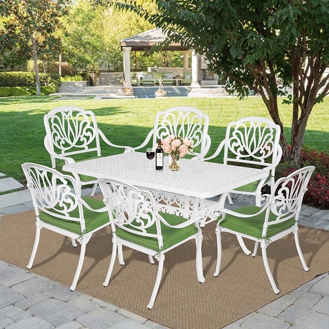 MEETWARM 7-Piece Outdoor Patio Dining Set, 6 Outdoor Dining Cushioned Chairs and 1 Rectangle Table with 2" Umbrella Hole, All Weather Cast Aluminum Patio Funiture Set for Backyard, Patio(White)