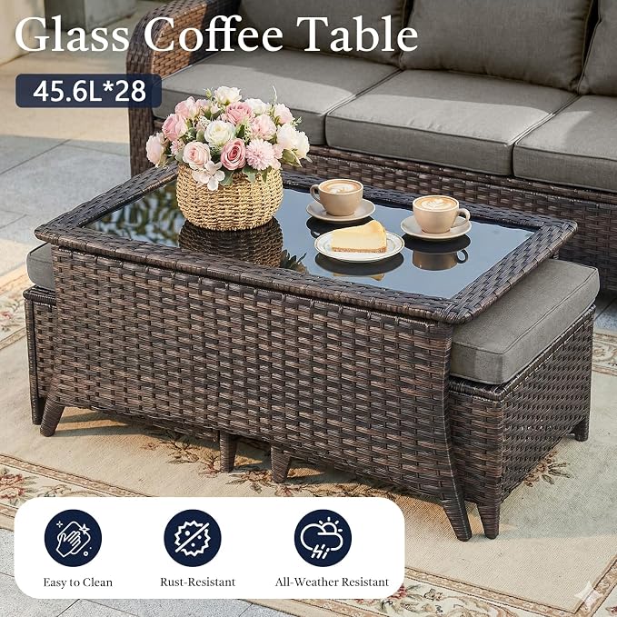 8 Piece High Back Wicker Patio Furniture Set - Patio Conversation Set with 4 Inch Thick Cushions and Deep Seating Swivel Glider Chairs Set of 4 & Outdoor Couch for Porch Deck Yard Pool