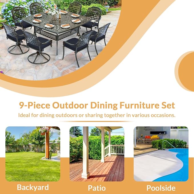 9 Piece Outdoor Patio Dining Set for 8, Cast Aluminium Large Square Dining Table & 2 Swivel Rocker Chairs, 6 Stationary, 8 Cushions, Umbrella Hole, Patio Furniture Set for Garden, Navy Blue