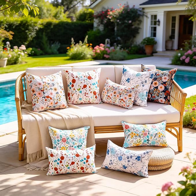 Outdoor Floral Lumbar Pillow Covers Decorative Summer Waterproof Throw Pillow Covers Red Garden Cushion Sham Throw Pillowcase 12x20 Inch Set of 2 Outside Decor for Sofa Furniture Patio Garden Tent