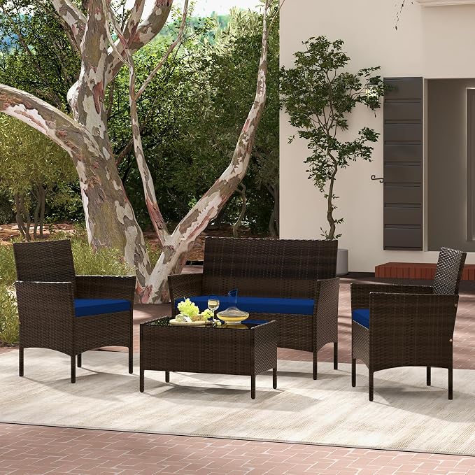 Tangkula 8 Piece Patio Rattan Conversation Set, Outdoor Wicker Furniture Set with Chair, Loveseat & Tempered Glass Table, Cozy Seat Cushions, Outside Sectional Sofa Set for Backyard, Porch