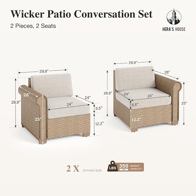 HERA'S HOUSE Patio Loveseat Set, All-Weather 2 Seats Outdoor Sectional Wicker Sofa, 5.5" Thick Cushions, 5.9" Wide Armrests, 2-Piece Modular Conversation Set for Patio, Lawn, Backyard, Garden