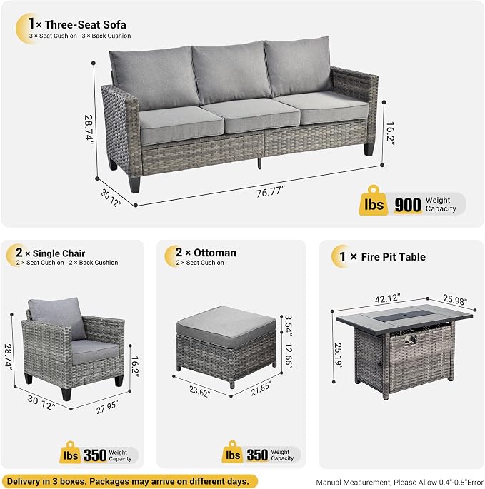 ovios 6 Pieces Patio Furniture Set with 42" Fire Pit Table, Outdoor Wicker Sofa with Comfy Cushions, All Weather High Back Rattan Couch Conversation Set, Dark Grey