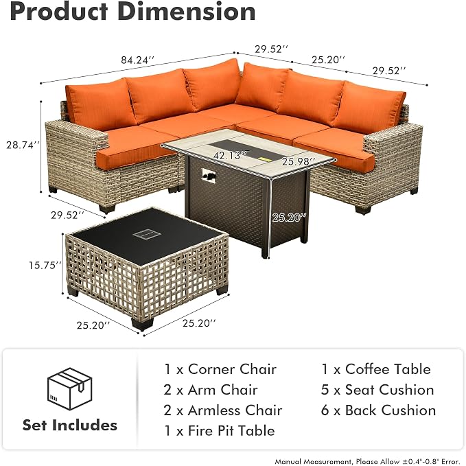 HOOOWOOO Sectional Patio Furniture Set with Fire Pit Table,7 Pieces Wicker Outdoor Furniture L Shaped Couch,Outside Conversation Set with Extra Deep Seat Sofa Wide Arm Solar Light Table,Brick Red