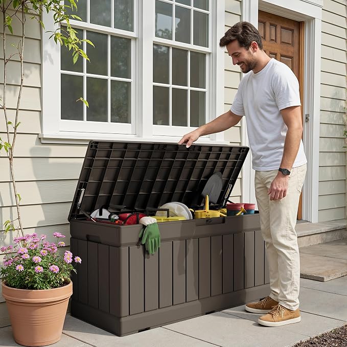 Devoko 78 Gallon Deck Box, Waterproof Resin Outdoor Storage Box for Outside and Patio, Outdoor Storage Bench Lockable for Patio Furniture, Garden Tools and Pool Supplies (Brown, 78 Gallon)