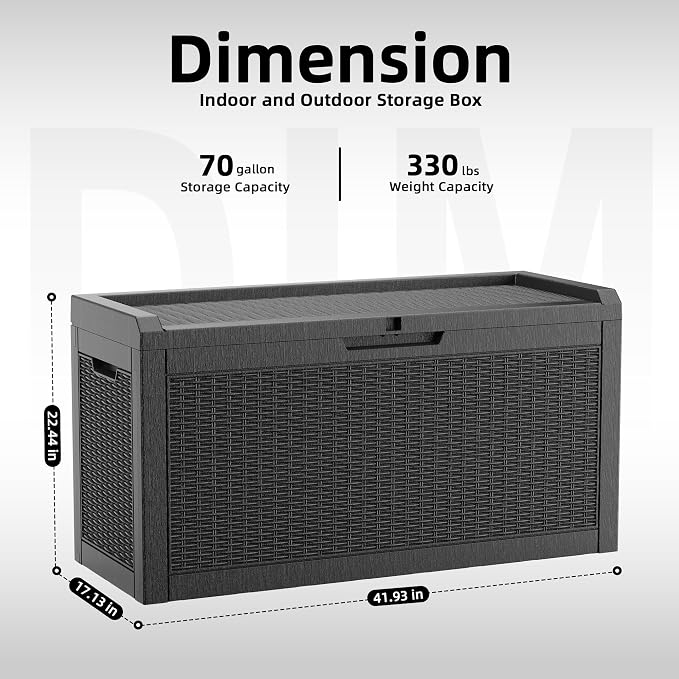 70 Gallon Outdoor Deck Box, Resin Waterproof Storage Box With Lockable Lid, UV-Resistant Multi-Purpose Outdoor Storage Bench for Patio Cushions, Garden Tools, Pool Accessories (70 Gallon, Black)