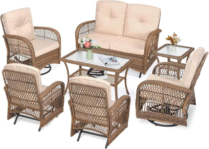 VIVIJASON 7-Piece Outdoor Patio Wicker Conversation Sets, All Weather Outdoor Rattan Furniture Set Includes Glider Loveseat, 2 Glider Rocker Chairs, 2 Swivel-Gliders Chairs, 2 Coffee Table Light Brown