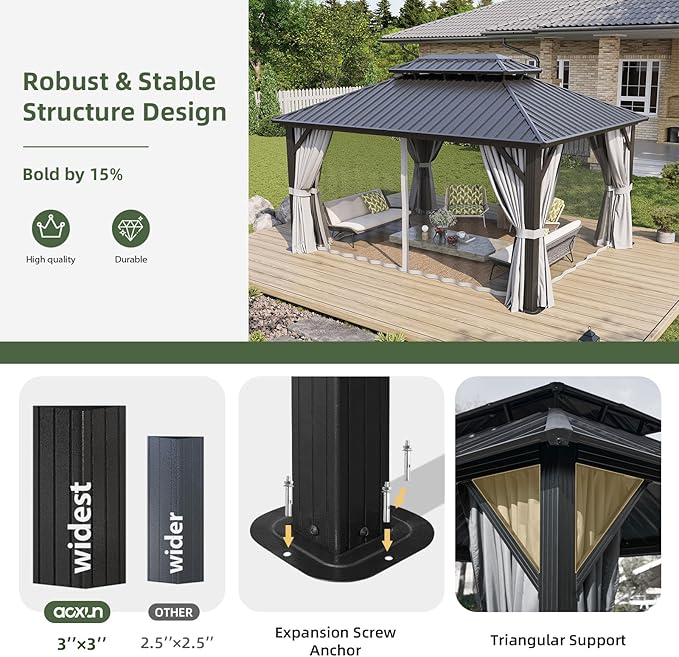 Aoxun 12’x16’ Hardtop Gazebo, Permanent Metal Pavilion with Galvanized Steel Double Roof, Outdoor Pergola with Nettings and Curtains for Lawn, Garden, Patio (Gray)