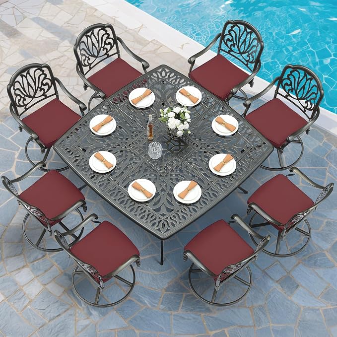MEETWARM 9-Piece Outdoor Patio Dining Set for 8, All Weather Cast Aluminum Patio Funiture Table and Chairs Set- Large 64" Square Table and 8 Cushioned Swivel Rocker Chairs, 2.2" Umbrella Hole, Red