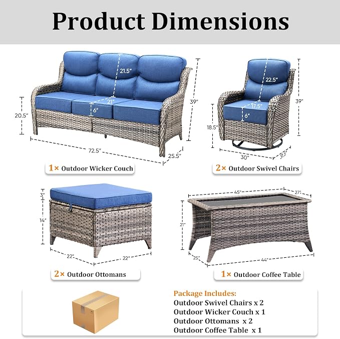 Luxury High Back Patio Furniture Set with 6-Inch Thick Cushions, 6-Pieces Outdoor Furniture with Swivel Chairs, Wicker Conversation Set for Porch, Balcony, Deck and Yard, Grey/Blue