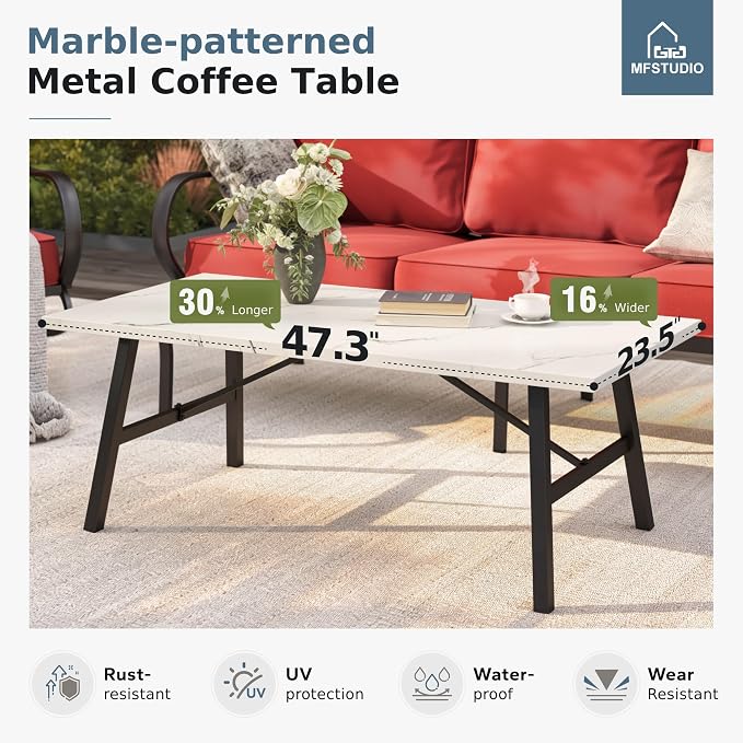 MFSTUDIO 6 Pieces Metal Patio Furniture Sets, 2 Swivel Chair, 1 Deep Seating 3-Seat Sofa, 2 Ottoman & 1 Marbling Coffee Table, All Weather 7 Seats Outdoor Conversation Set for Garden, Burgundy Red
