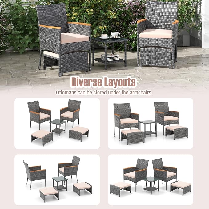 Tangkula 5 Pieces Patio Conversation Set, Outdoor PE Rattan Chairs with Soft Cushions, Ottomans & Tempered Glass Top Table, Acacia Wood Armrests, Patio Furniture Set (Mix Grey+Beige)
