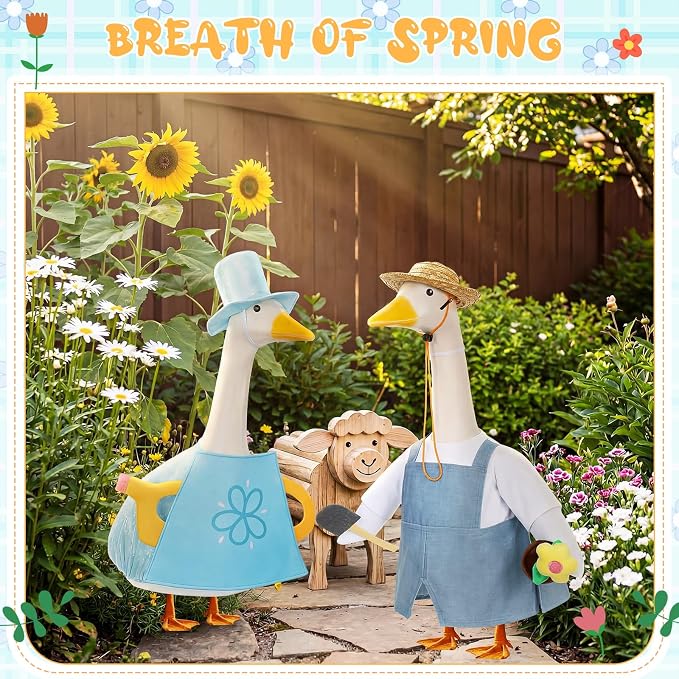 FuWeave 2 Set Porch Goose Outfit Spring Gardener Goose Clothes with Small Flower Pot for 23" Cement Outdoor Patio Yard Decor(Watering Can)