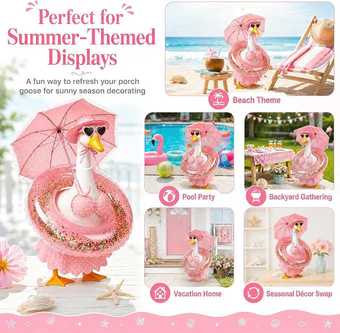 Summer Porch Goose Outfits 23 Inch, Pink Polka Dot Porch Goose Bikini Set with Parasol Umbrella, Swim Ring, Sun Hat and Heart Sunglasses, Porch Goose Accessories for Yard Garden Patio Decor