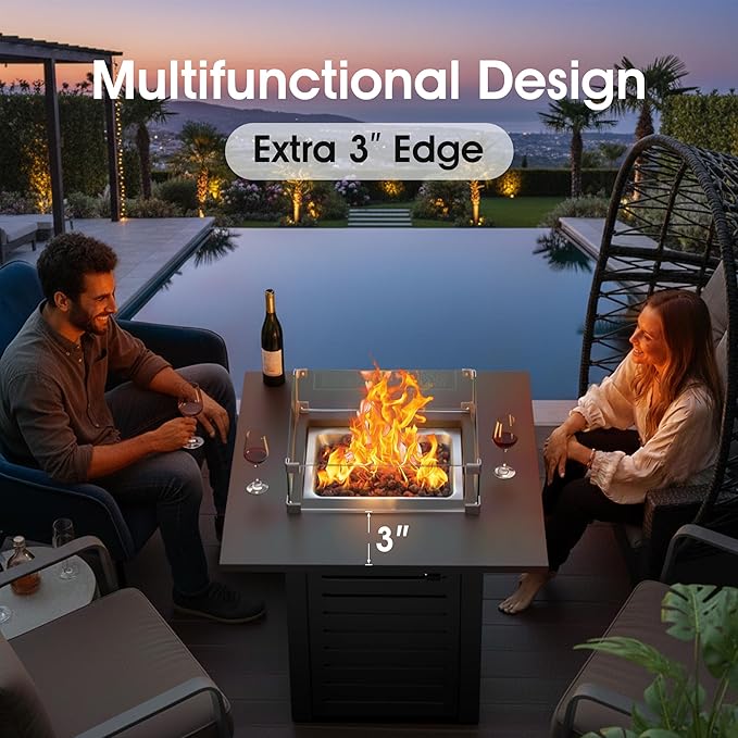 5-Piece Patio Furniture Set with Fire Pit Table & Coffee Table & Removable Washable Cushions, All-Weather Metal Frame and Wood-Like Armrests for Porch, Garden, Balcony,Beige