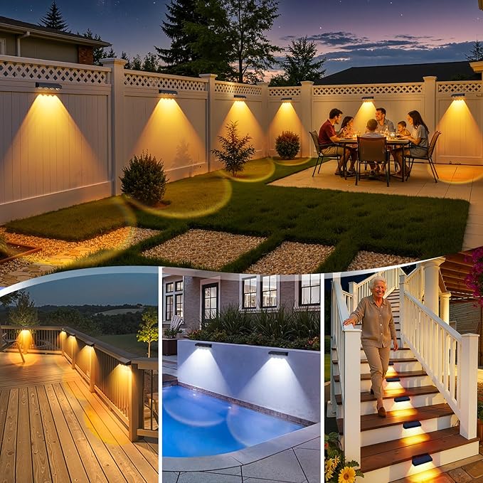 ShineTech Solar Fence Lights Outdoor Waterproof, 3-Color Lighting Modes LED Solar Powered Deck Lights, Outdoor Step Lights for Railing, Patio, Wall, Backyard (12 Packs)