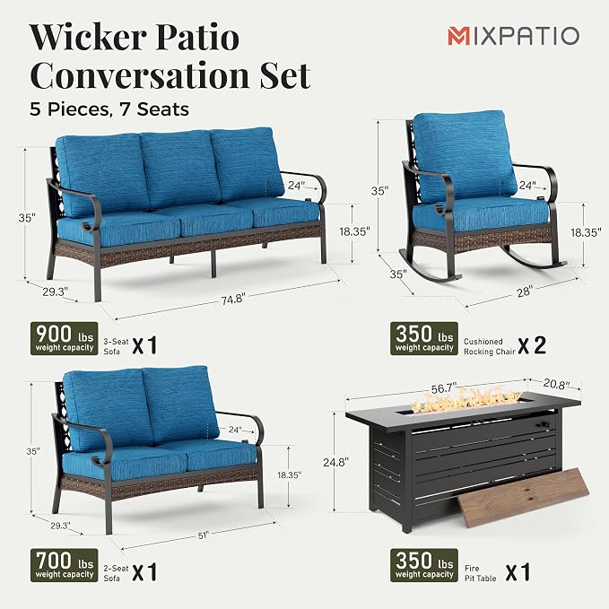 MIXPATIO Patio Furniture Set with Fire Pit Table, Metal Outdoor Conversation Set with 2 Rocking Chairs, Loveseat Sofa, 3-Seat Sofa and Gas Fire Pit Table for Lawn Garden Backyard, Pacific Blue