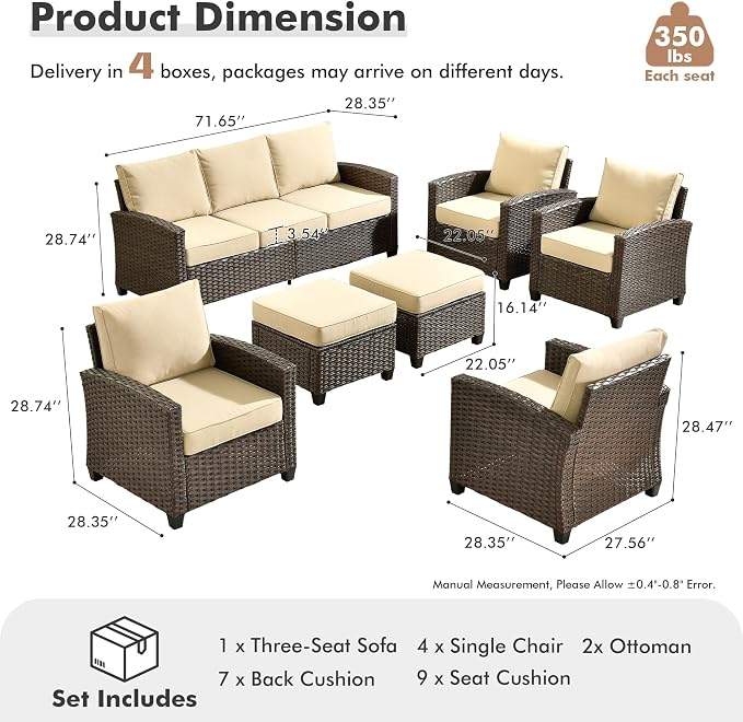 ovios 7 Pieces Patio Furniture Set, Outdoor Wicker Sofa Couch with 4 Chairs Comfy Cushions, All Weather Brown Rattan Conversation Set for Backyard Deck Porch, Beige