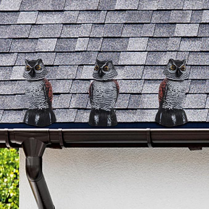 Hausse 3 Pack Bird Scarecrow Mini Fake Owl Decoy Sculpture, 8.26 inch Wagging Head Plastic Small Owl Bird Deterrents, Nature Enemy Horned Pest Repellent for Outdoor Garden Yard