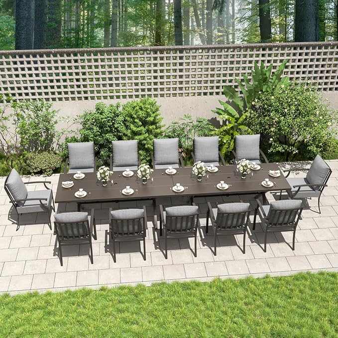 Kullavik 14 Pieces Outdoor Dining Set,Patio Dining Table and Chairs Set for 12,Fence Pattern Back Chairs with Thickened Cushions & Rectangular Metal Dining Table with Umbrella Hole for Patio,Grey