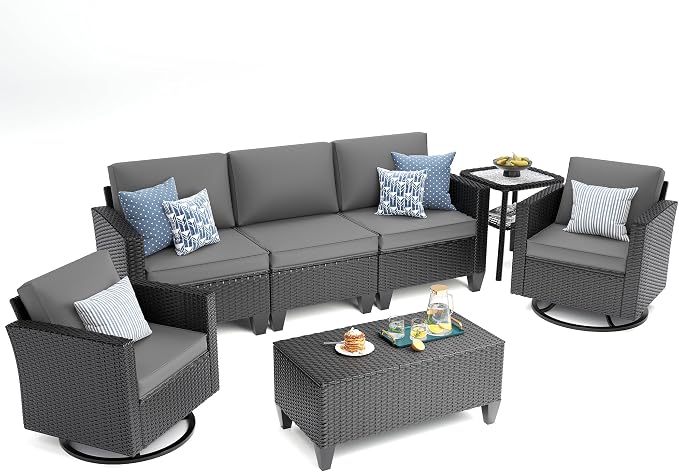 UDPATIO Patio Furniture Set, 5 Pieces Outdoor Conversation Sets with Rocking Swivel Chairs, Wicker Rattan Outdoor Sofa Set with Storage Table and Waterproof Covers for Backyard, Deck, Porch, Grey