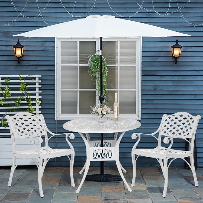 VIVIJASON 3-Piece Patio Furniture Dining Set, All-Weather Cast Aluminum Outdoor Bistro Set, Include 2 Dining Chairs and 35.4" Round Table w/ 2" Umbrella Hole for Balcony, Lawn, Garden, Backyard, White