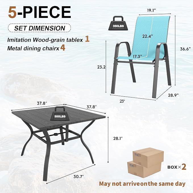 Outdoor Dining Set for 4, Patio Metal Table and Chairs Set with 1.97'' Umbrella Hole, 5pcs Patio Furniture Set 37.8”x37.8” Dining Table Set with Stackable Chairs for Backyard Pool Deck