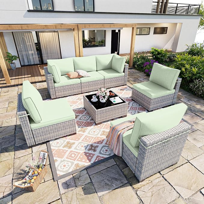 7-Piece Patio Furniture Set, Outdoor Sectional with Thick Cushions, Modular Patio Sofa, Dual-Strand Wicker Rattan, Rust-Resistant Frame, Backyard Furniture for Garden, Deck, Light Green
