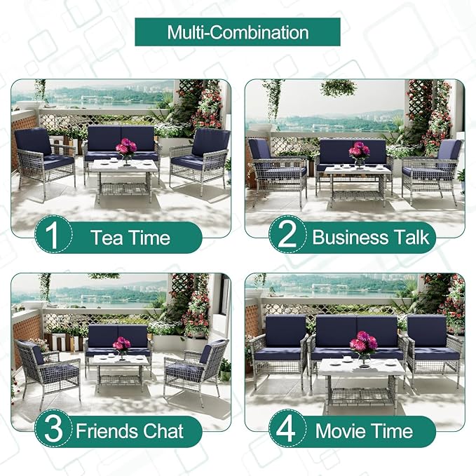 DECMICO 4 Pieces Outdoor Patio Furniture Set, Wicker Rattan Chairs & Loveseat Couch with Side Table and Cushions, All-Weather Patio Seating Set for Backyard, Deck, Porch (Dark Blue)