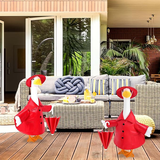 Raincoat Goose Outfit Porch Goose Summer Outfit Yard Goose Raincoat Clothes with Umbrella Hat Fits 23" Outdoor Garden Lawn Patio Geese Statue for Spring Summer Seasonal Decor(Red)