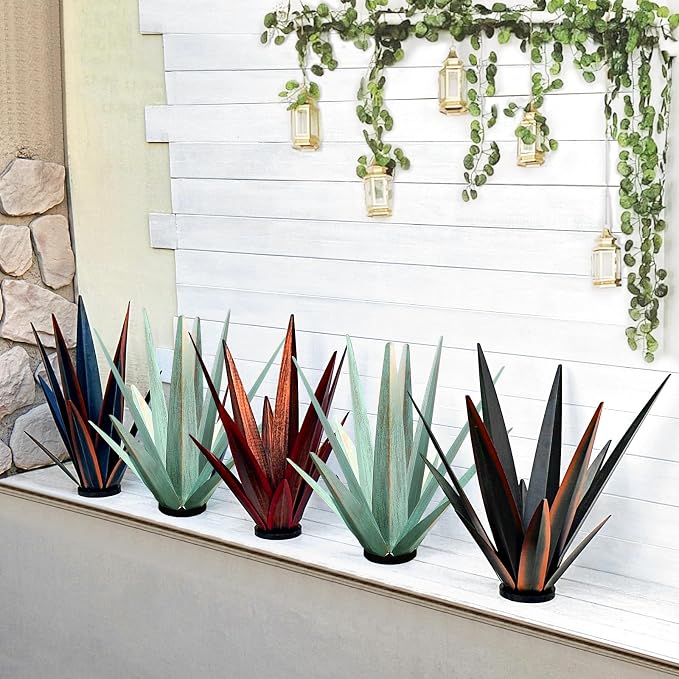 KODIBO Large Metal Agave Plant Outdoor Decor with Solar Light, Mint Green | Artificial Plant with Solar Light, Outdoor-Resistant Metal, Hand-Painted Finish, Tequila Rustic Sculpture, Garden Yard Statue