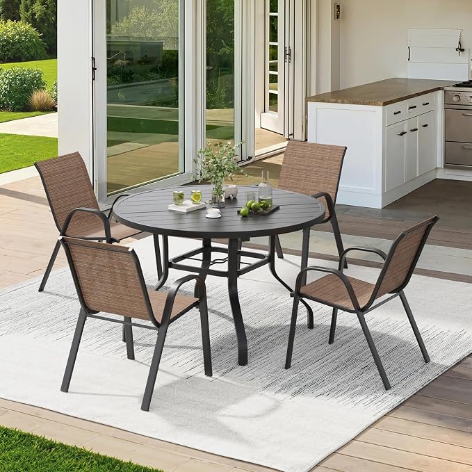 Soohow Outdoor Dining Set for 4, 5-piece Outdoor Patio Dining Set 4 x Stackable Patio Chairs & 1 x Round Table with Umbrella Hole, All-Weather Outside Table and Chairs for Backyard, Balcony, Porch