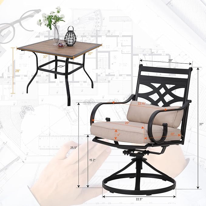 MFSTUDIO Patio Dining Set, 37" Square Wood-Look Table, Swivel Chairs | Umbrella Hole, Seats 4, All-Weather Use