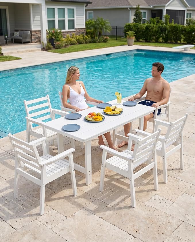 7 Piece HDPE Outdoor Dining Set for 6, Patio Dining Furniture Set with 2” Umbrella Hole, Weather Resistant Outdoor Table and Chairs for Garden, Poolside, Backyard, Deck