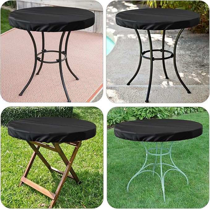 Outdoor Round Table Cover Waterproof UV-Resistant for 48 Inch Diameter Patio Tables - Heavy Duty Weatherproof Table Top Protector with Elastic Hem (Black)