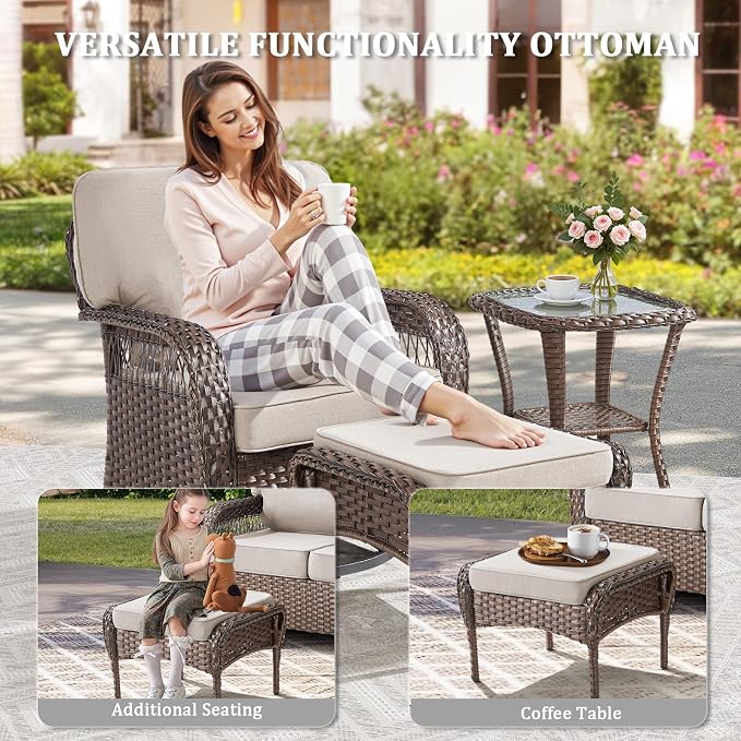 Patio Furniture Sets, 2 PCS Wicker Outdoor Furniture - Patio Swivel Rocking Chairs with All-Weather Olefin Cushions for Garden, Porch, Backyard, Beige/Brown Wicker