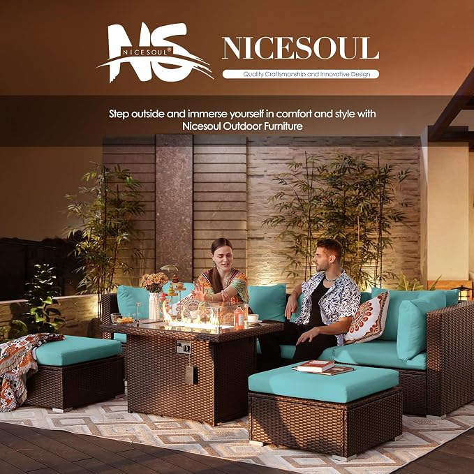 NICESOUL 13 Piece Patio Furniture w/Fireplace, Elegant Outdoor Seating w/Firepit, XL 29.3'' High Back Sectional Sofa, All-Weather Rattan Deck Couch, Modular Sturdy Conversation Set, Brown & Teal