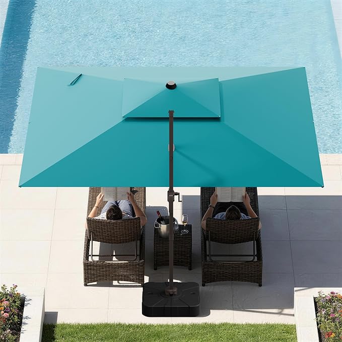 GENTEACO 9x12FT Cantilever Patio Umbrella with Base Included, Double Top Rectangle Offset Umbrella 7 Angle Tilts & 360° Rotation, Large Heavy Duty Outdoor Sun Umbrella for Pool Market, Turquoise Blue