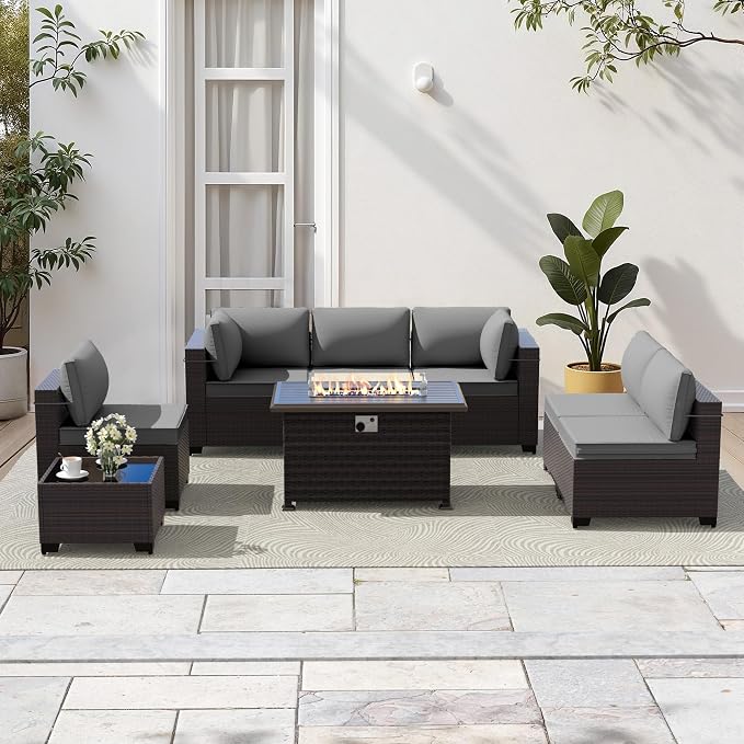 Gotland 8 Pieces Patio Furniture Set with Fire Pit Table, All Weather Rattan Outdoor Furniture with 29.5'' High Backrest 4’’ Thick Cushions Coffee Table, Outdoor Sectional for Porch, Deck, Gray