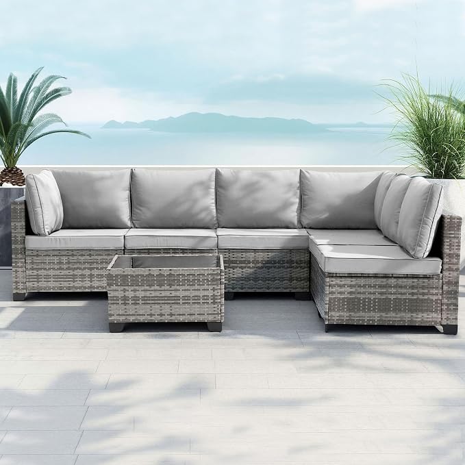 7-Piece Outdoor Patio Furniture Set, Gray PE Rattan Sectional Sofa with Light Grey Cushions and Steel Frame, Coffee Table Included, Modular Outdoor Conversation Set for Patio Garden Poolside