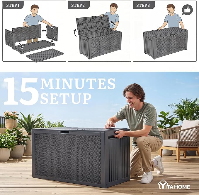 YITAHOME 95 Gallon Outdoor Storage Deck Box, Waterproof Resin Deck Box w/Handles, Lockable Outdside Deck Box for Patio Furniture, Garden Tools, Lockable & UV Resistant(Dark Gray)