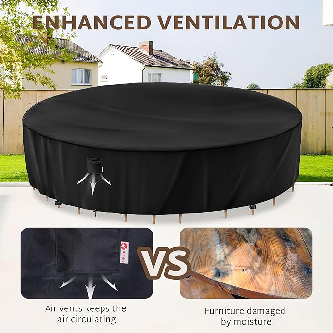iBirdie Extra Large Round Patio Furniture Cover 110 x 28 inch, 9 ft, Outdoor Waterproof and Weatherproof for Garden Table and Chairs, Heavy Duty 600D, fit 110, 108 Diameter