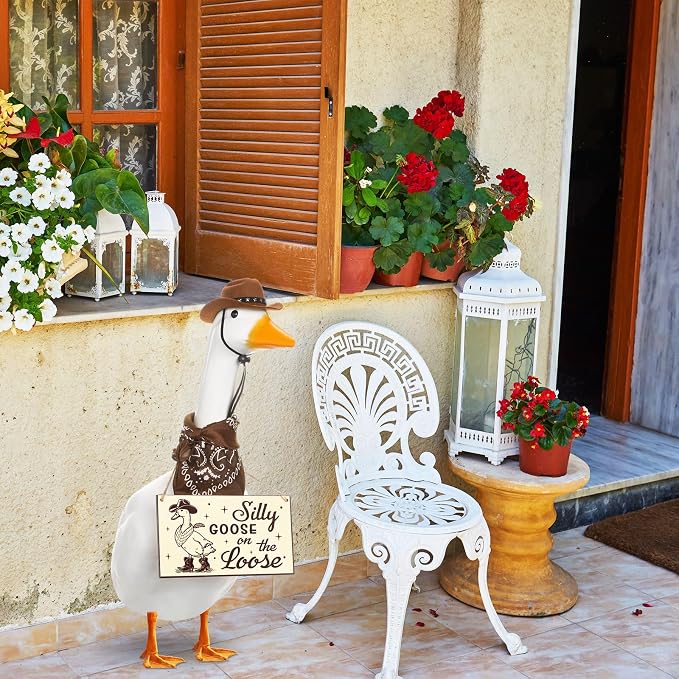 Funny Porch Goose Outfit Decoration Set Silly Goose on The Loose Hangings Sign Cowboy with Outfit Cowboy Hat Bandana for 23" Cement/Plastic Outdoor Statue Patio Yard Lawn Art(Brown)