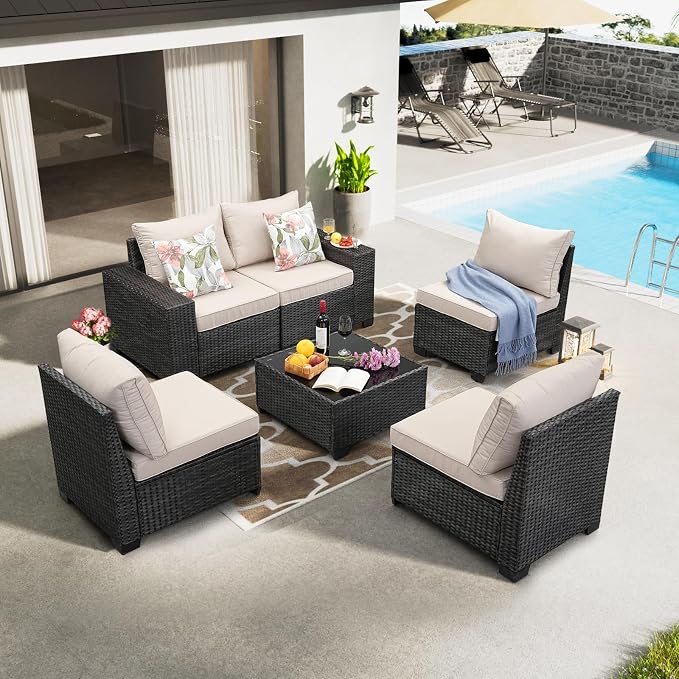 JOYURE 6 Pieces Patio Furniture Set All-Weather Outdoor Wicker Sectional Conversation Sofa Rattan Patio Seating Sofa with Cushion and Glass Table for Porch Poolside,Beige
