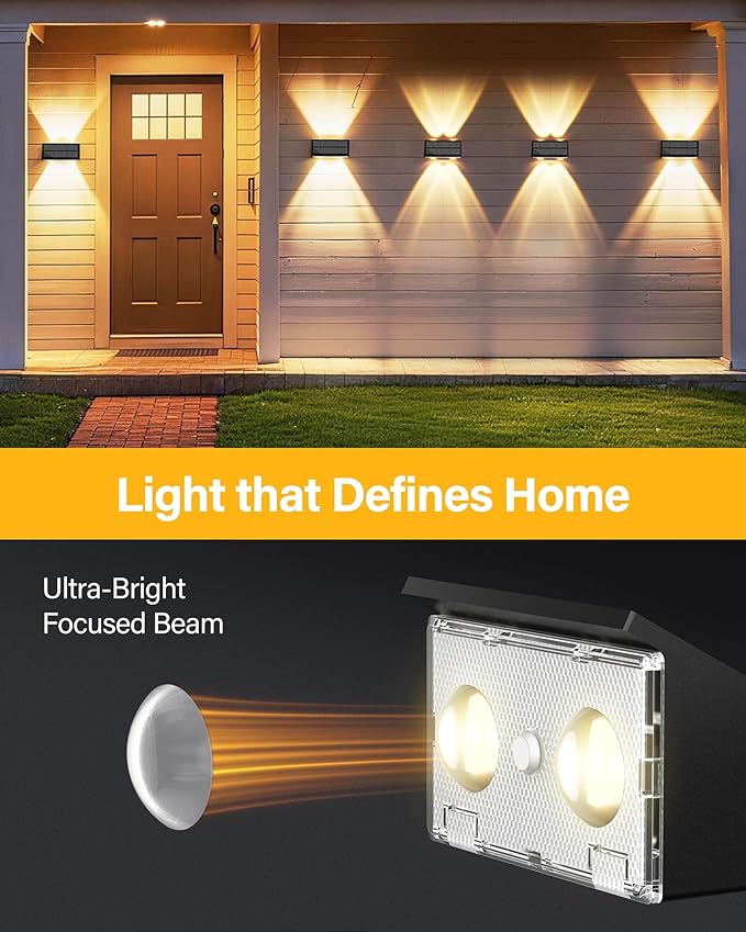 Solar Fence Lights Outdoor, 100LM Fence Lights Solar Powered Waterproof, 9 Color Modes, Up & Down LED Focused Beam, 12H Dusk to Dawn Glow for Pool/Patio/Wall/Backyard - 6 Pack, Black
