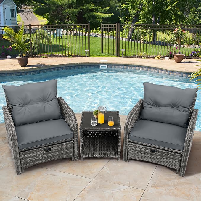 Patio Chair with Ottomans and Table, 5 Piece PE Wicker Rattan Outdoor Patio Furniture Set, Space Saving Design Outdoor Chairs with Ottomans Set for Balcony Poolside Front Porch Deck, Grey