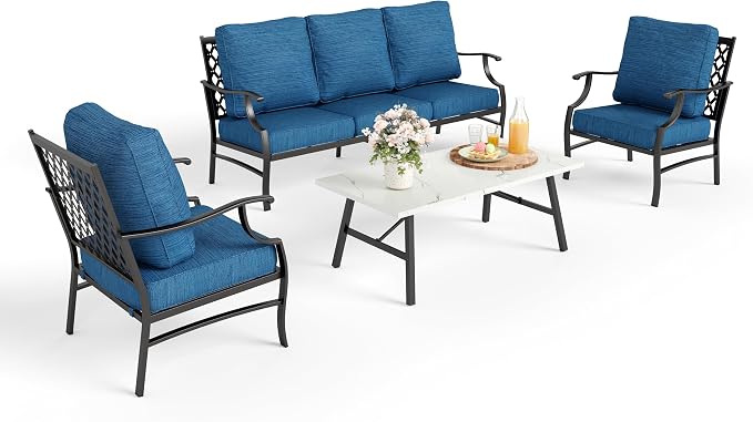 MIXPATIO Patio Furniture Set 4 pcs, Metal Outdoor Patio Furniture, 3-Seat Sofa, 2 Single Chairs, Coffee Table and 5.75" Extra Thick Cushion, Conversation Set for Backyard Deck, Gemstone Blue