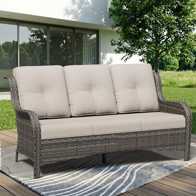 3 Seat Outdoor Couch, Wicker Patio Sofa with Thickened Olefin Cushions, High Back and Deep Seating, Hand-Woven PE Rattan for Porch, Deck, Balcony